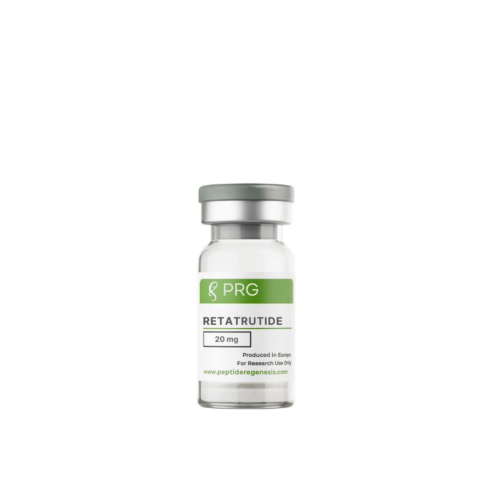 Vial labeled 'PRG Retatrutide' on a white background