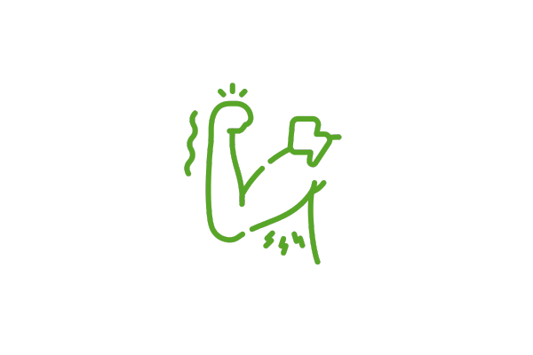Green muscle icon with a small energy symbol representing strength and cellular power.