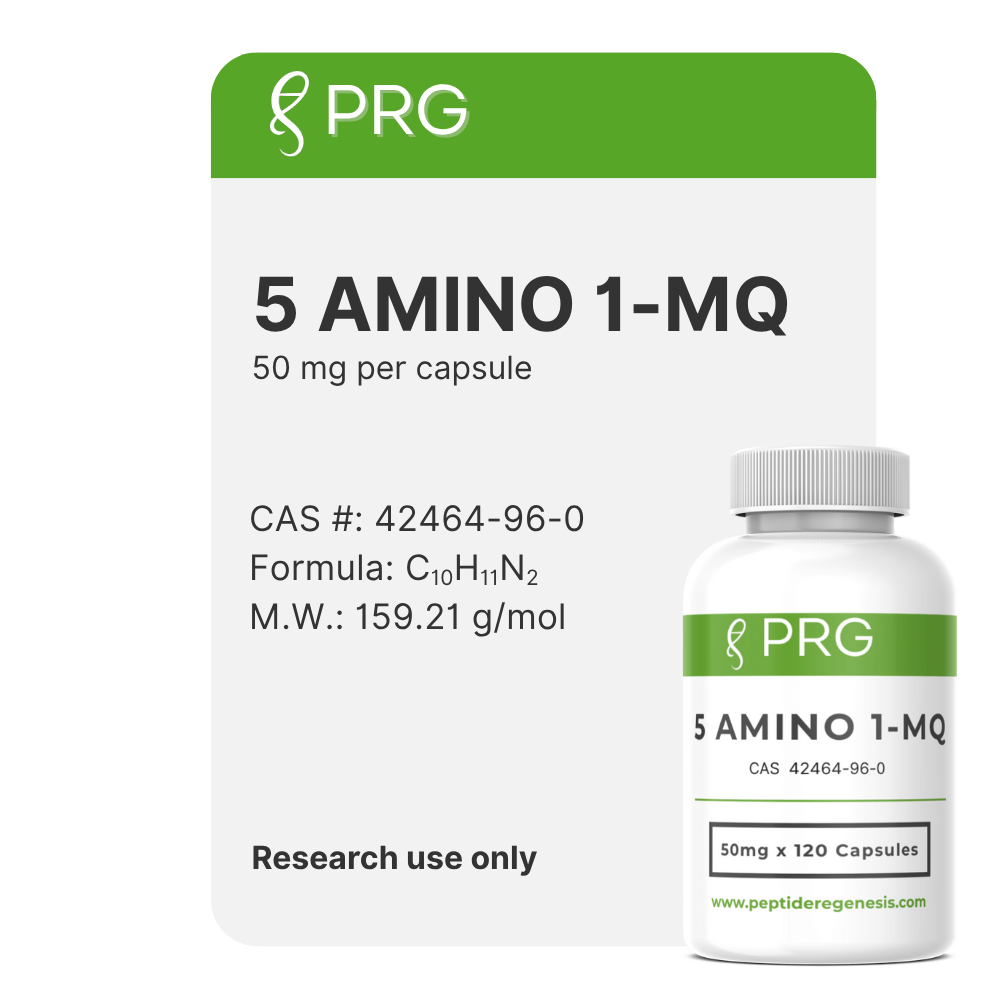 Bottle of 5 AMINO 1-MQ supplement with PRG branding on a white background