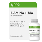 Bottle of 5 AMINO 1-MQ supplement with PRG branding on a white background