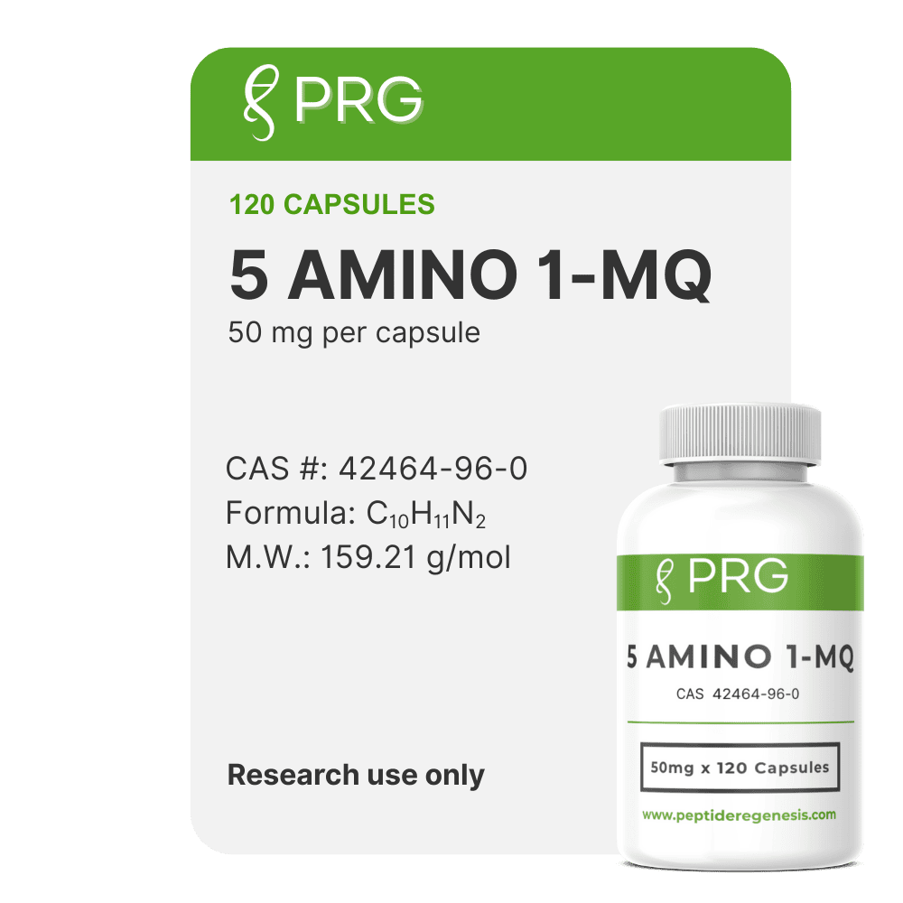 PRG 5 Amino 1-MQ supplement bottle and packaging on a green background