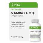 PRG 5 Amino 1-MQ supplement bottle and packaging on a green background