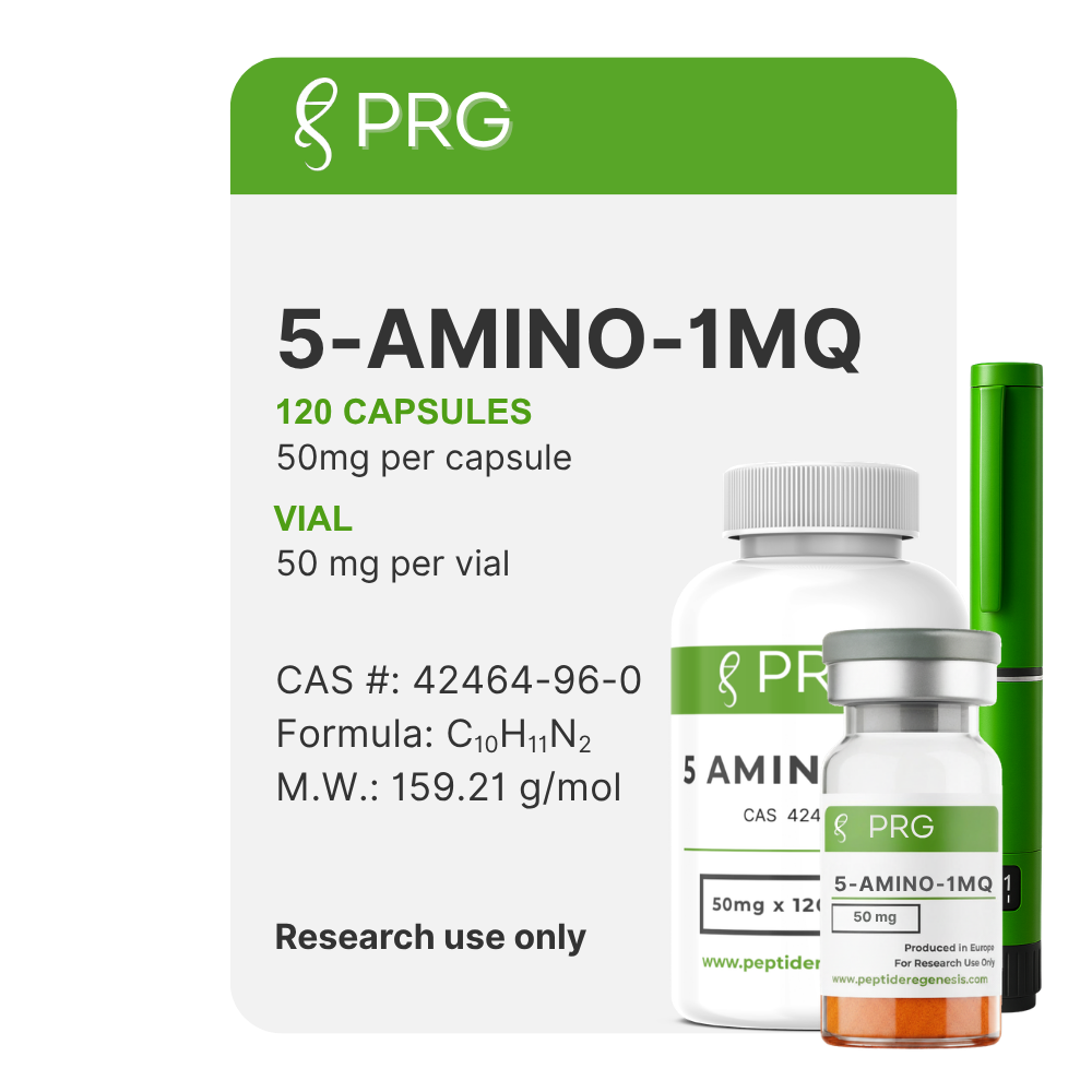 PRG 5-Amino-1MQ supplement packaging with bottle and capsules on a white background