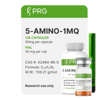 PRG 5-Amino-1MQ supplement packaging with bottle and capsules on a white background