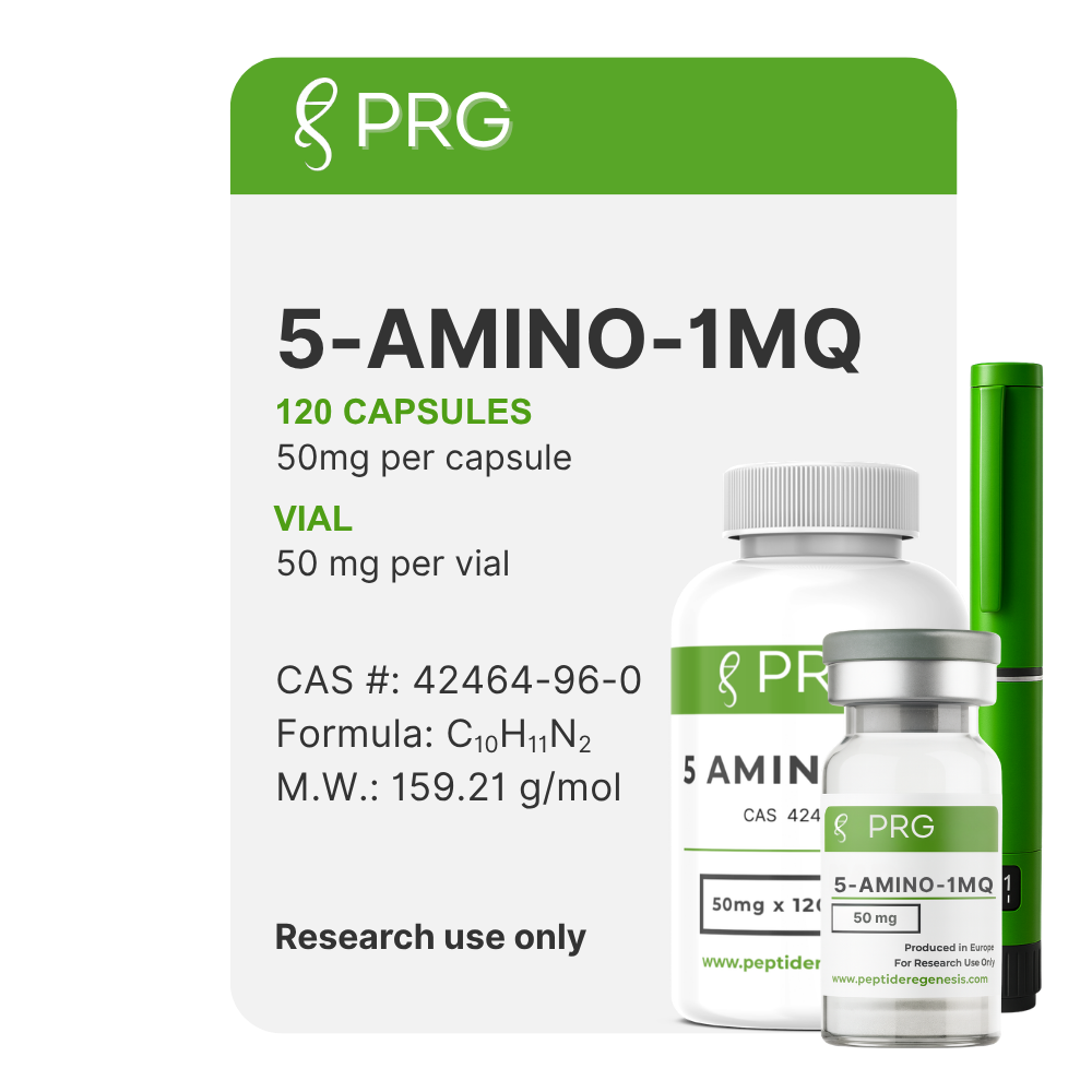 PRG 5-Amino-1MQ supplement packaging with capsules and vial on a white background