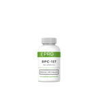 Bottle of BPC-157 supplement with PRG label on a green background