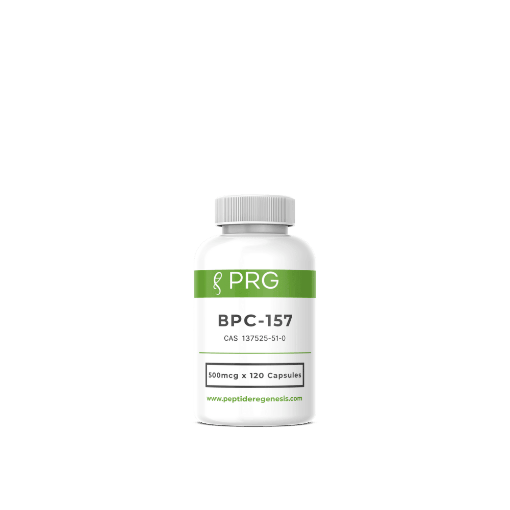 Bottle of BPC-157 supplement with PRG label on a green background