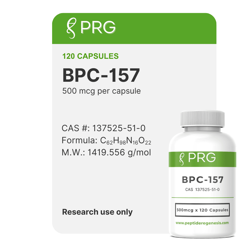 PRG BPC-157 supplement packaging with green and white design