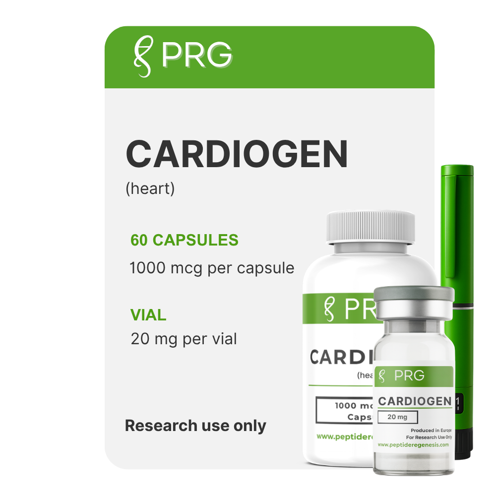 PRG Cardiogen packaging with capsules and vial on a white background