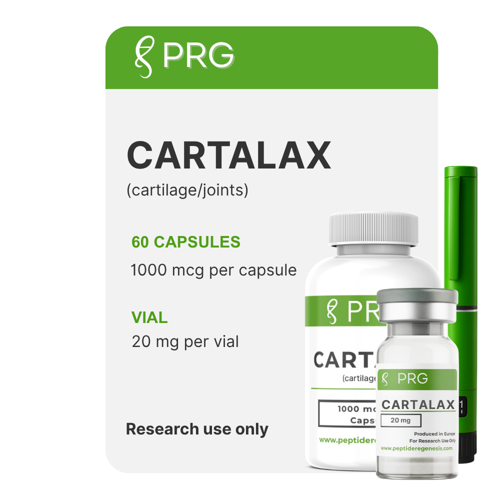 PRG Cartalax supplement packaging with capsules and vial on a white background
