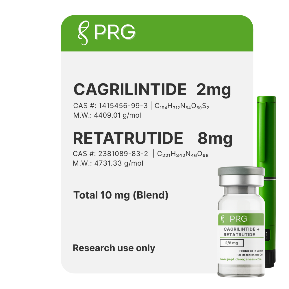 CAGRILINTIDE and RETATRUTIDE labels, PRG branding, and a vial on a white background.