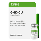 Vial labeled 'PRG GHK-CU Copper Peptide' with green and white design on a green background