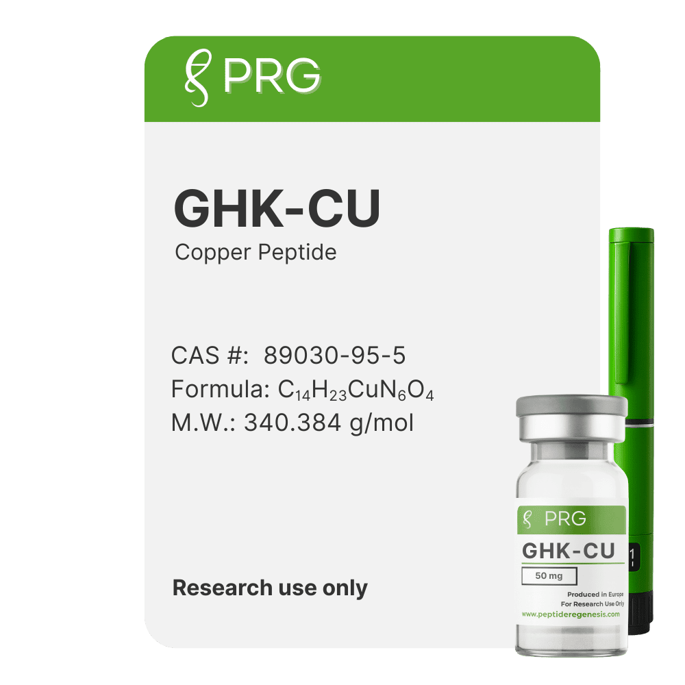Vial labeled 'PRG GHK-CU Copper Peptide' with green and white design on a green background