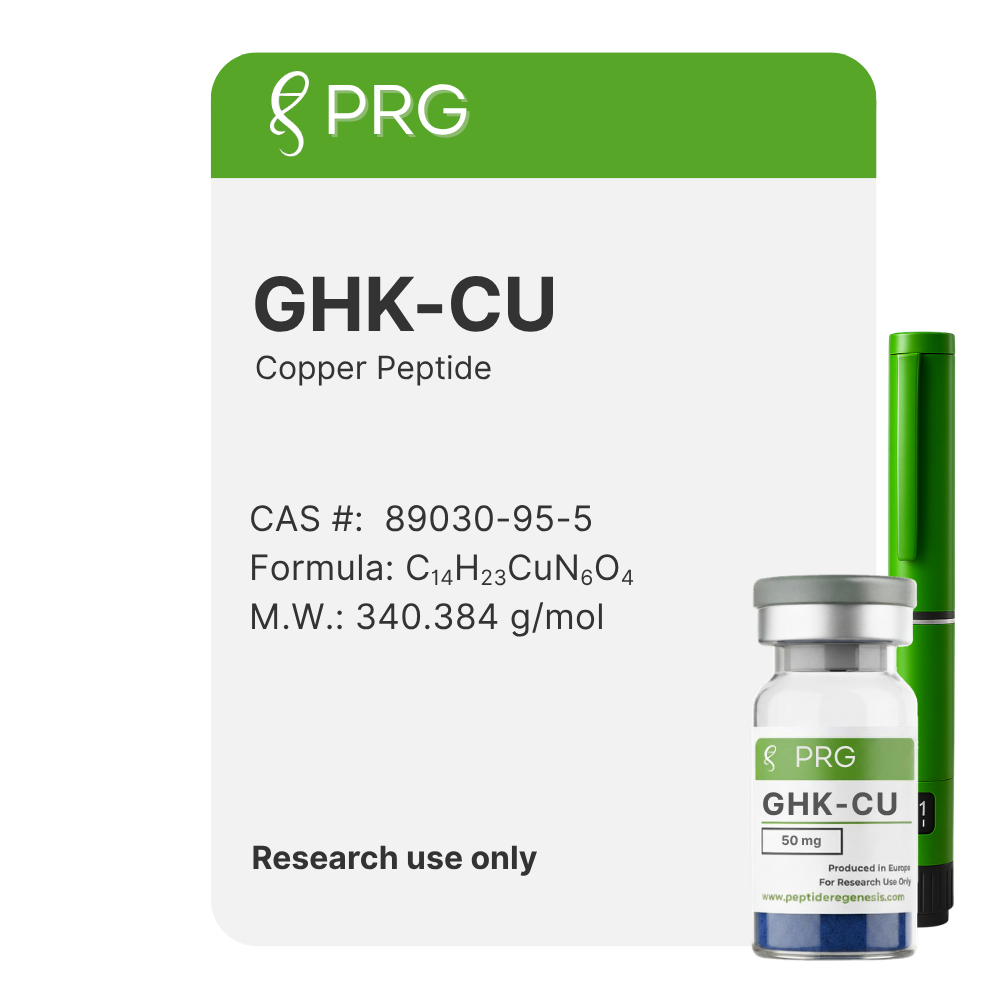 Vial labeled 'PRG GHK-CU Copper Peptide' with green and white design on a white background