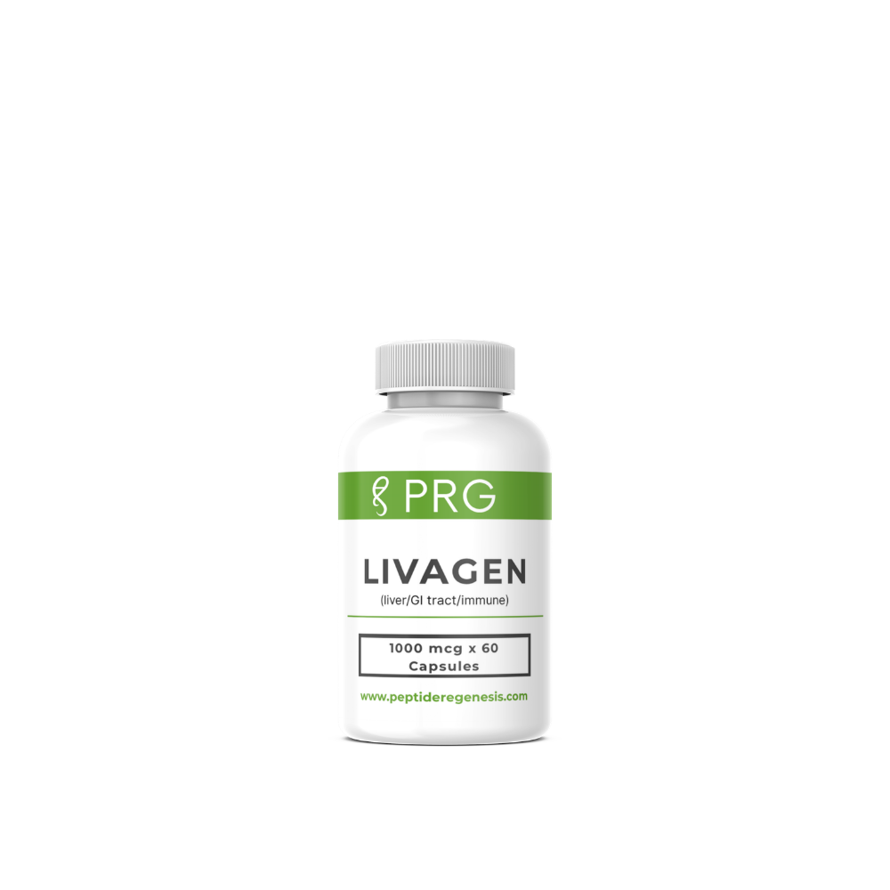 White supplement bottle labeled 'PRG LIVAGEN' on a white background