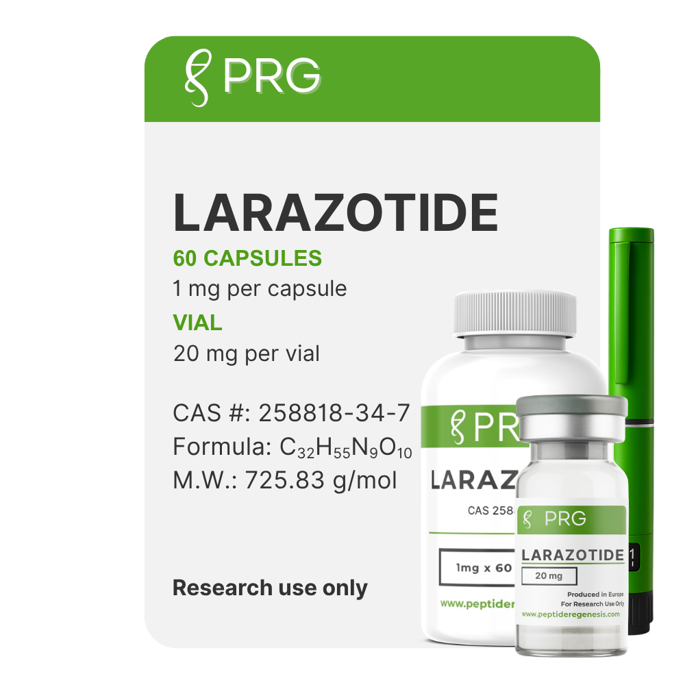 Larazotide packaging with PRG branding on a white background