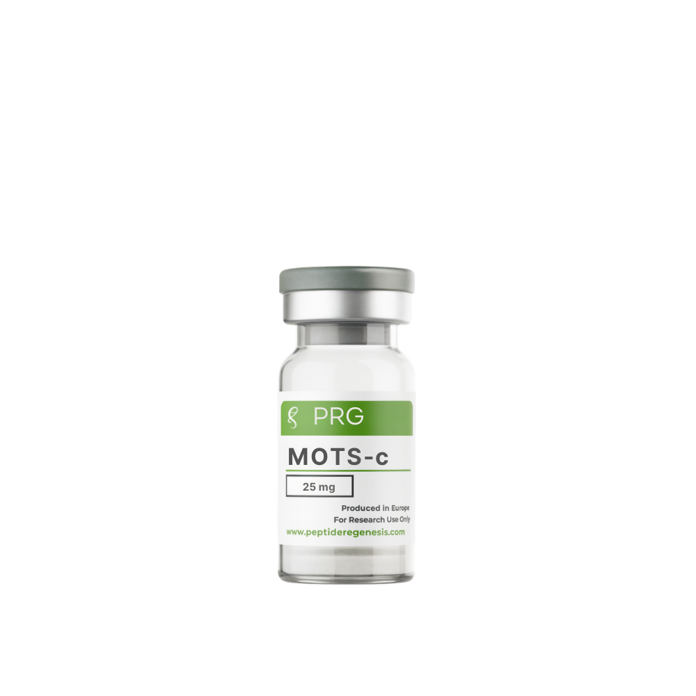 Vial labeled 'MOTS-c' with 'PRG' on a white background