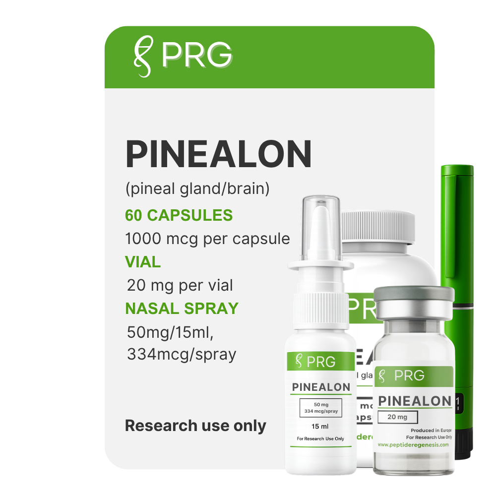 PRG Pinealon product packaging with capsules, vial, and nasal spray on a white background