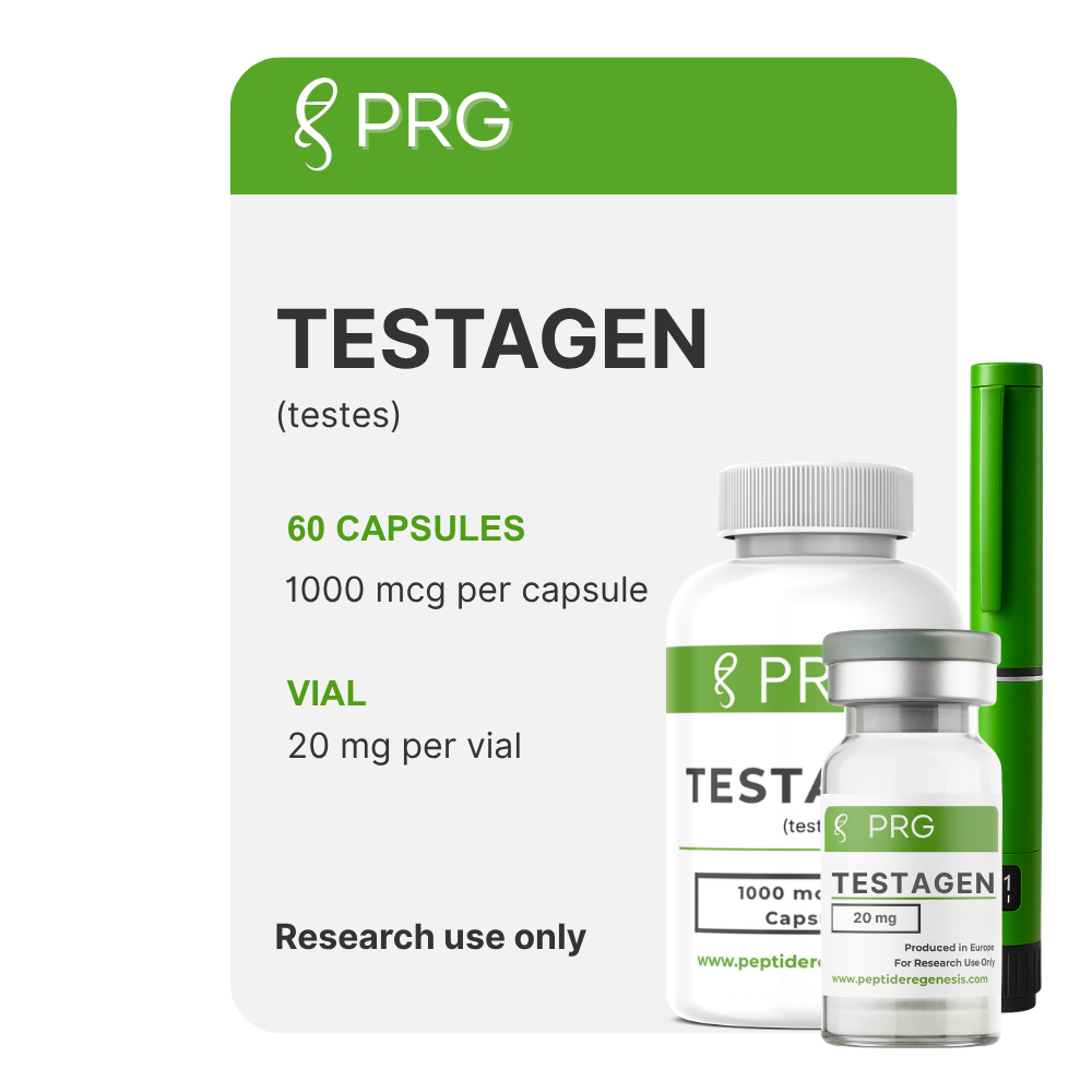 PRG Testagen packaging with capsules and vial on a white background