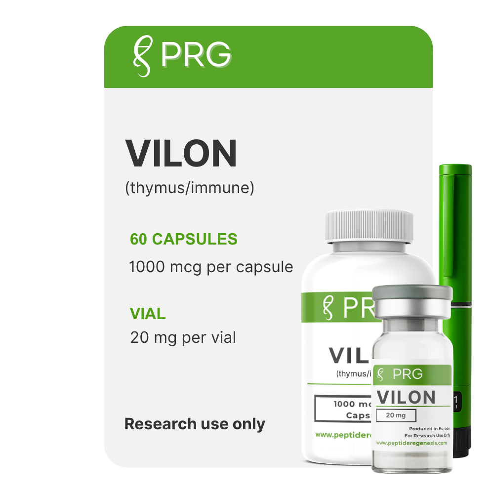 PRG Vilon supplement packaging with capsules and vial on a white background