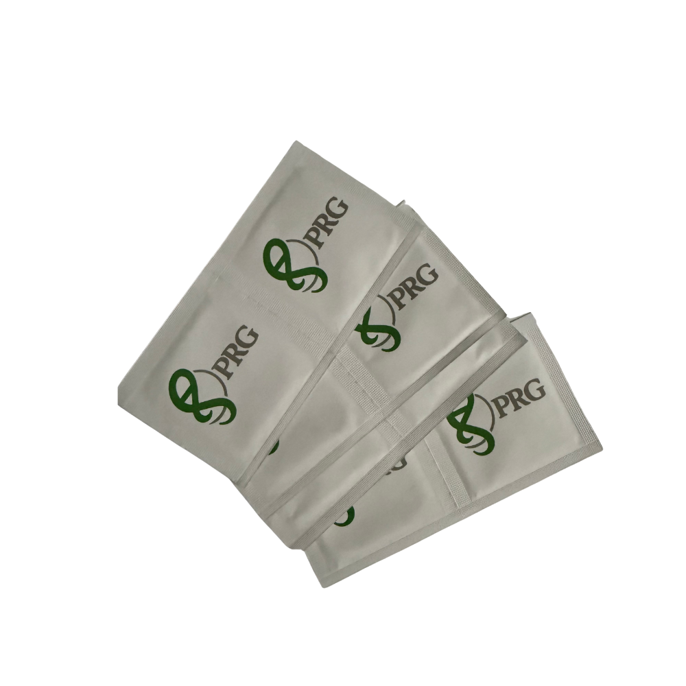Alcohol pads with green PRG logos, arranged in a fan shape on a plain white background.
