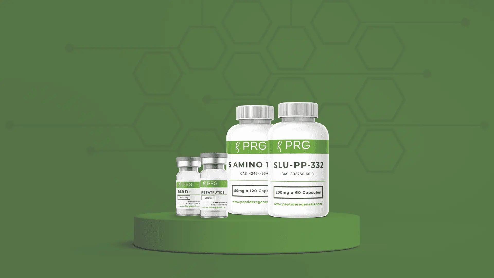 High-purity research peptides and capsules from PRG, including NAD+, Retatrutide, 5-Amino-1MQ, and SLU-PP-332 displayed on a laboratory-style platform.