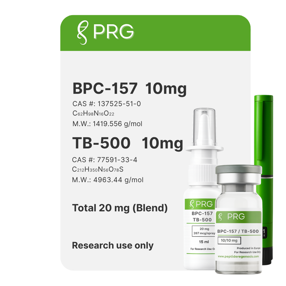 PRG BPC-157 and TB-500 packaging with medical vials on a white background