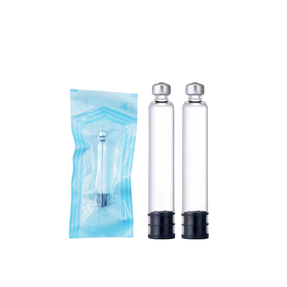 Two clear research cartridges with silver caps and black bases, shown next to a light blue sterile packaging bag containing a matching vial, on a white background.