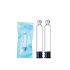 Two clear research cartridges with silver caps and black bases, shown next to a light blue sterile packaging bag containing a matching vial, on a white background.