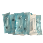 Six individually sealed medical or laboratory specimen collection tubes in light blue and white sterile packaging, arranged on a plain white background.