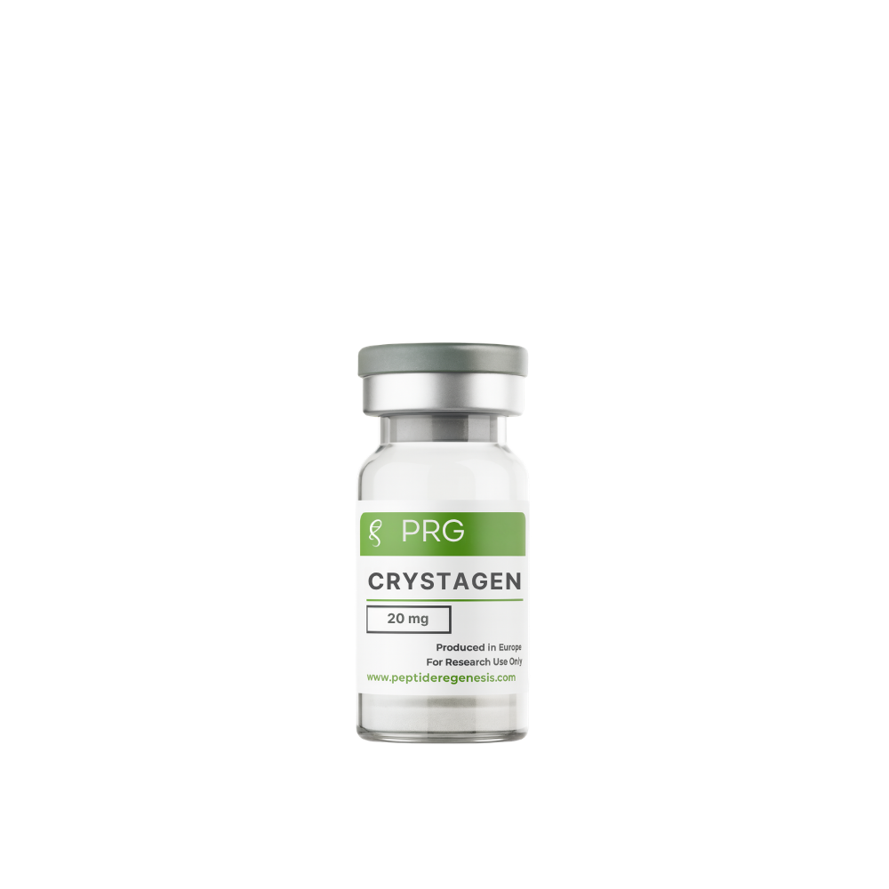 Crystagen white labeled vial on a white background