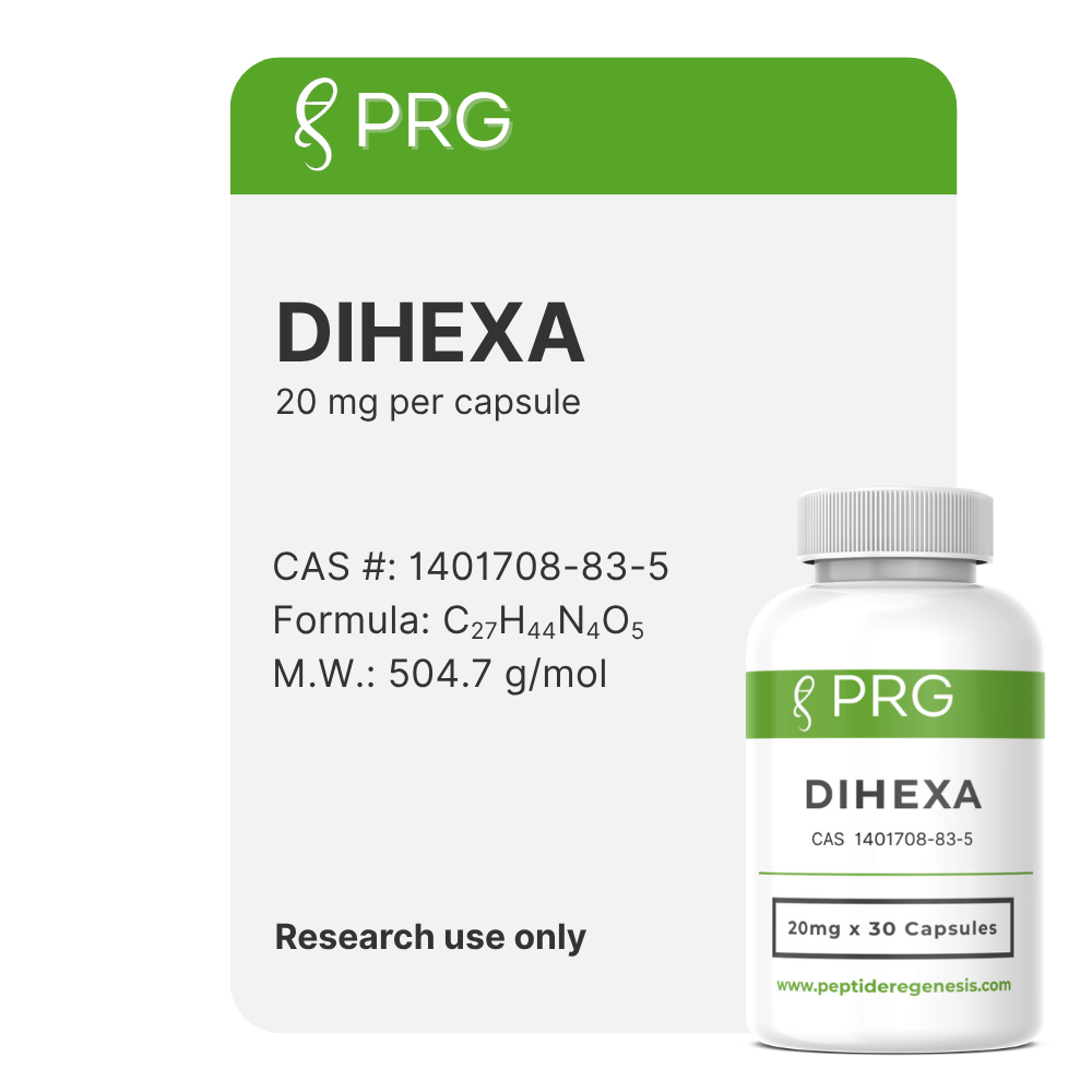 PRG DIHEXA supplement bottle with label on a white background