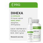PRG Dihexa Nasal Spray and bottle packaging on a white background, with a large product card and two smaller product containers in front.