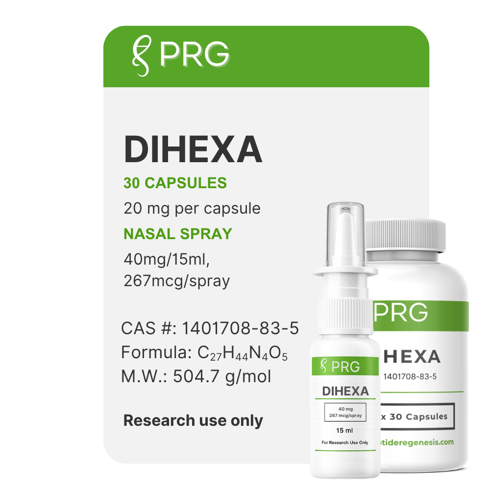 PRG Dihexa Nasal Spray and bottle packaging on a white background, with a large product card and two smaller product containers in front.