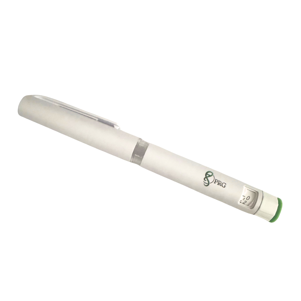 A white pen with a silver clip and band, featuring the 'PRG' logo, shown on a plain white background.