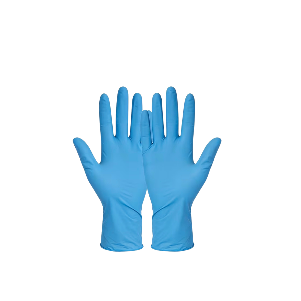 A pair of blue disposable nitrile gloves shown flat against a solid white background.