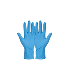 A pair of blue disposable nitrile gloves shown flat against a solid white background.