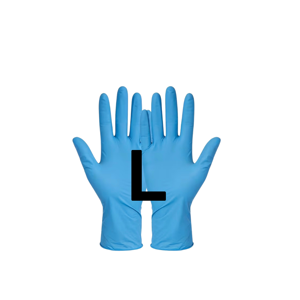 A pair of blue disposable gloves shown front-facing on a plain white background, with a large black letter L overlaid in the center to indicate size.