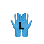 A pair of blue disposable gloves shown front-facing on a plain white background, with a large black letter L overlaid in the center to indicate size.