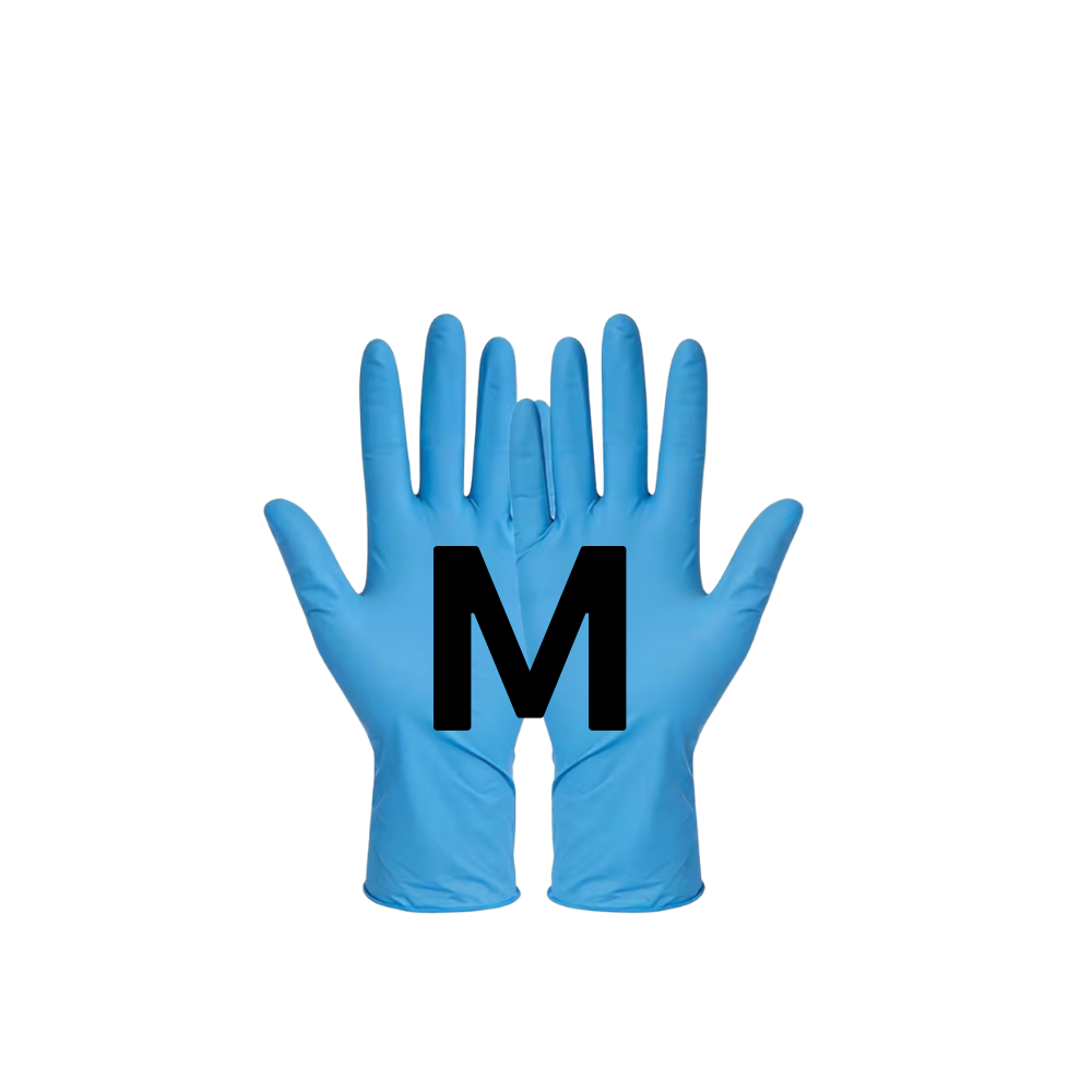 A pair of blue disposable gloves shown flat against a white background, with a large black letter 'M' printed across the center.