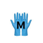 A pair of blue disposable gloves shown flat against a white background, with a large black letter 'M' printed across the center.