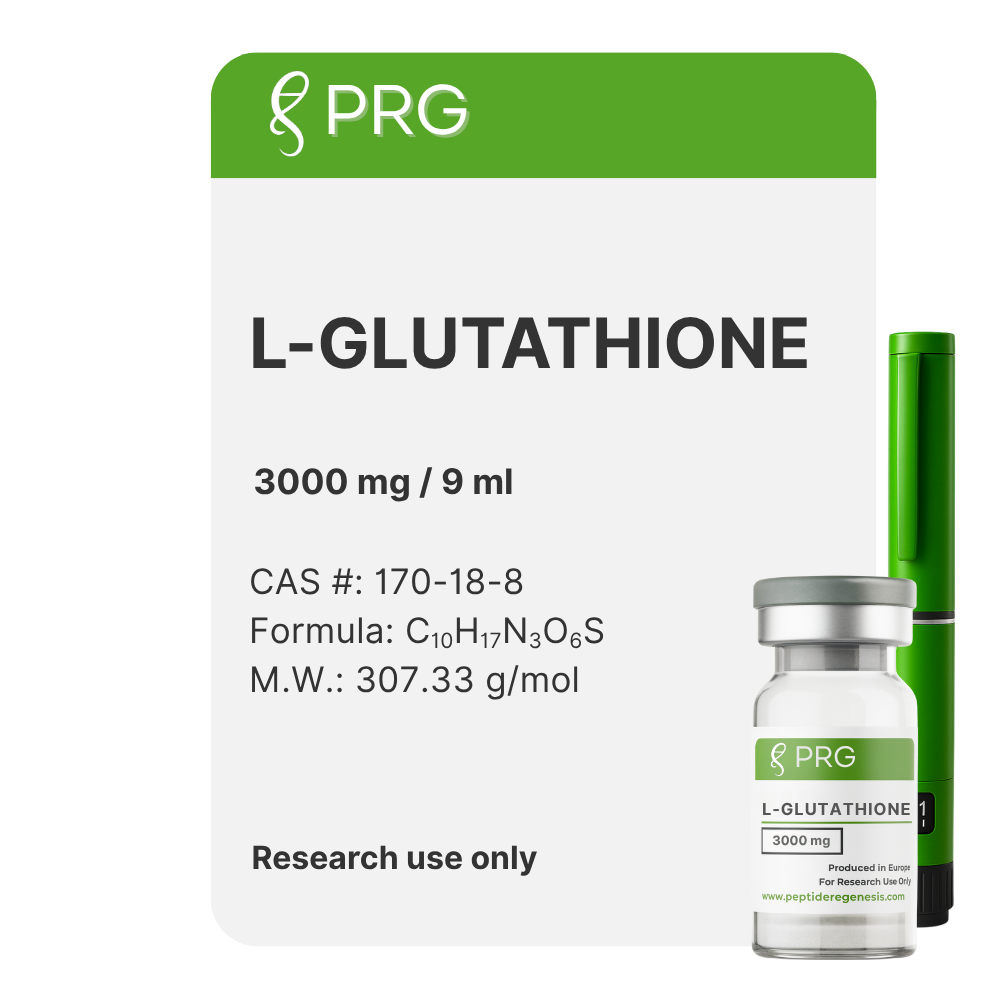 L-Glutathione 3000mg research use only vial packaging with PRG branding on a white background