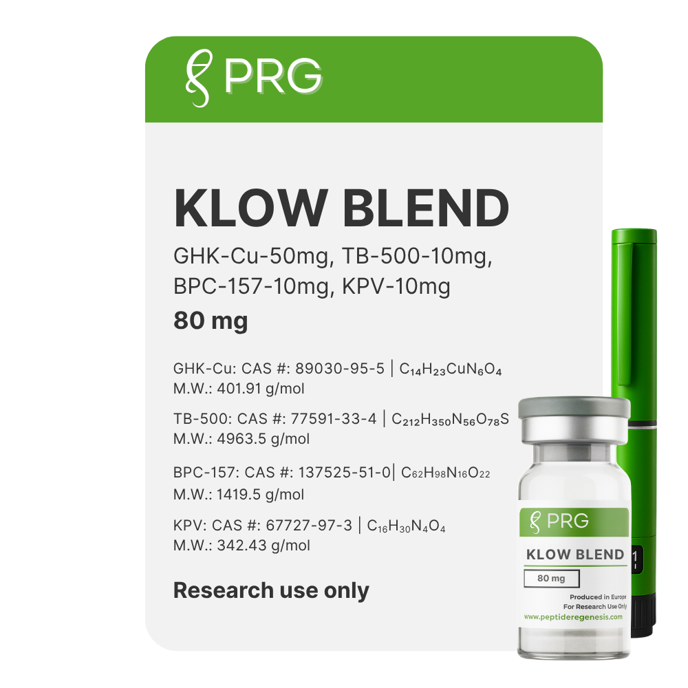 PRG KLOW BLEND supplement packaging with a vial on a white background