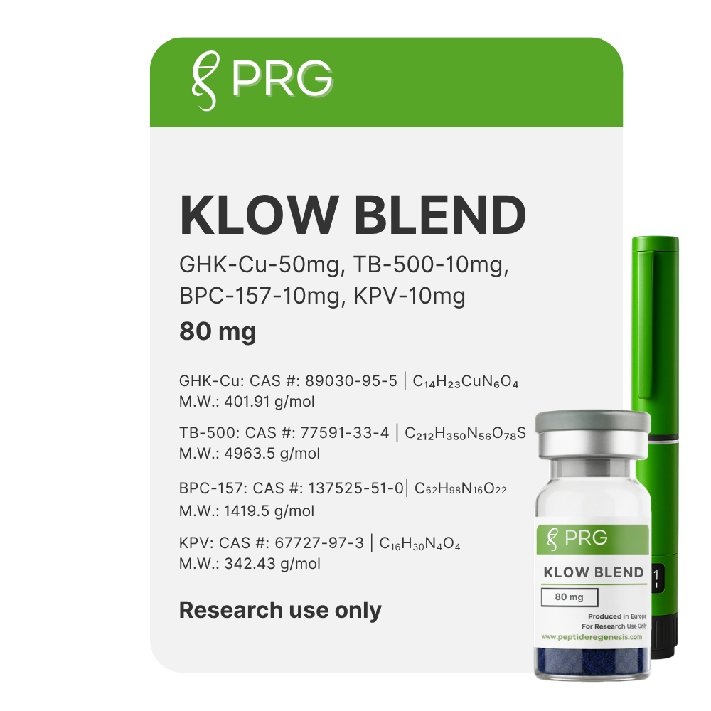 PRG KLOW BLEND supplement packaging with a vial on a white background