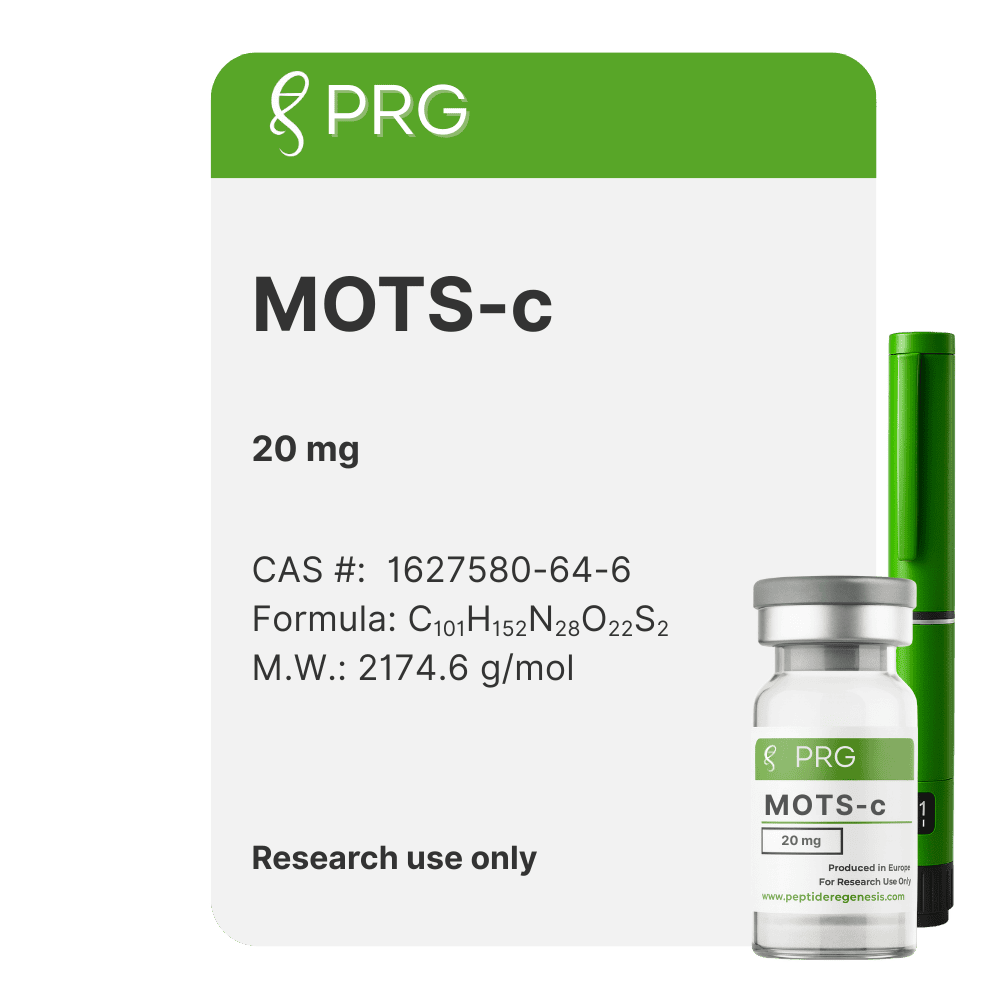 PRG MOTS-c 20 mg packaging with a green and white label on a green background