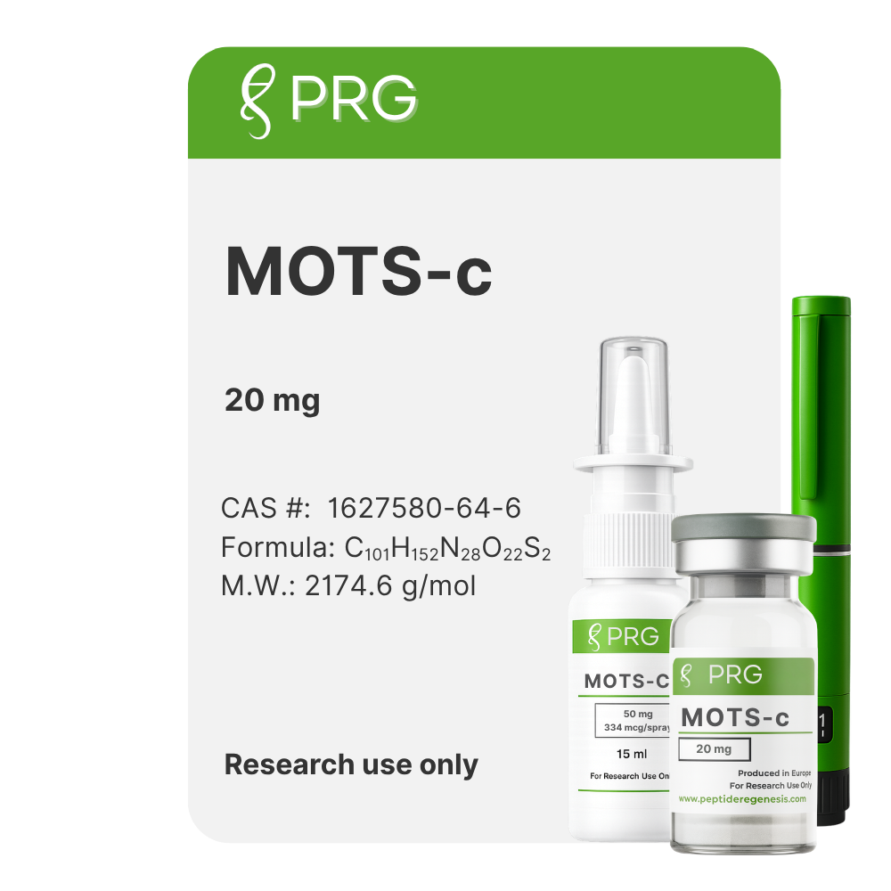 PRG MOTS-c product packaging with a dropper and vial on a white background