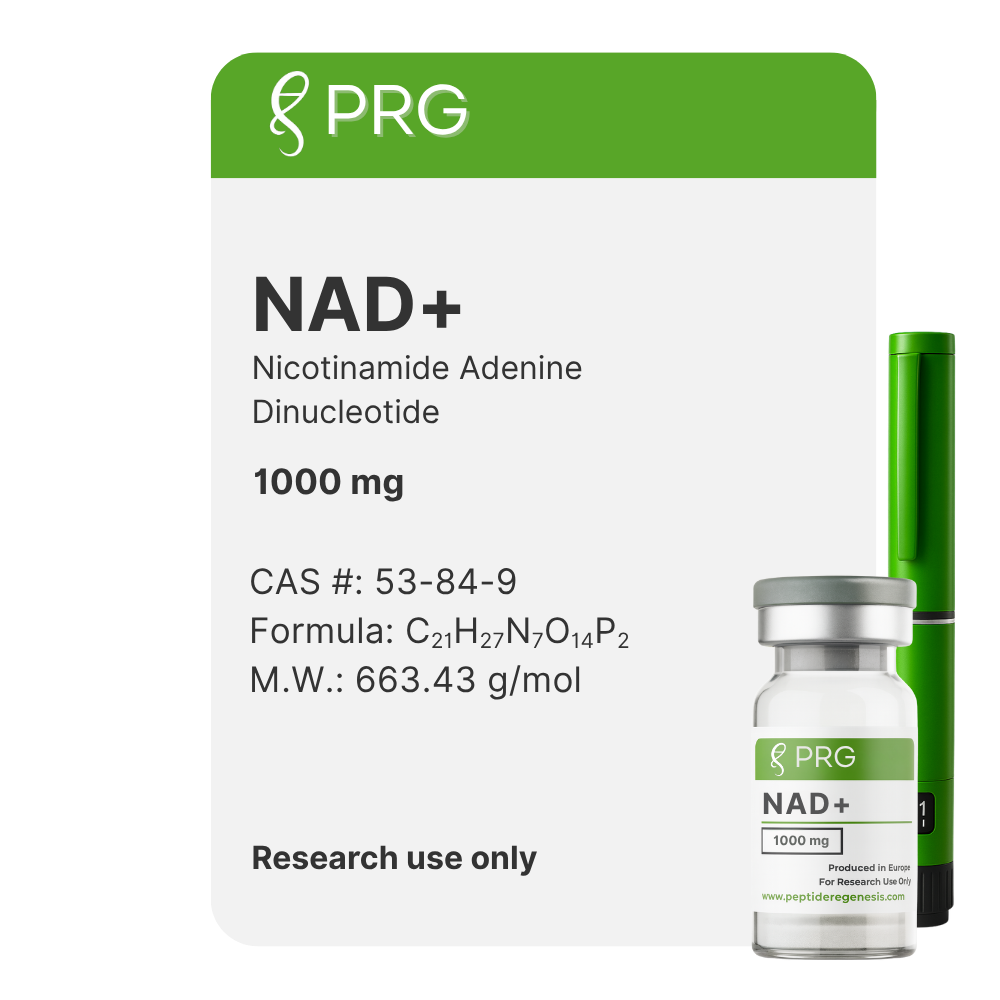 PRG NAD+ 1000mg research use only vials packaging with a green and white design.