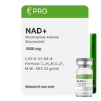 PRG NAD+ 1000mg research use only vials packaging with a green and white design.