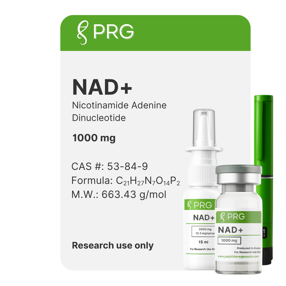 PRG NAD+ supplement packaging with a dropper and vial on a white background