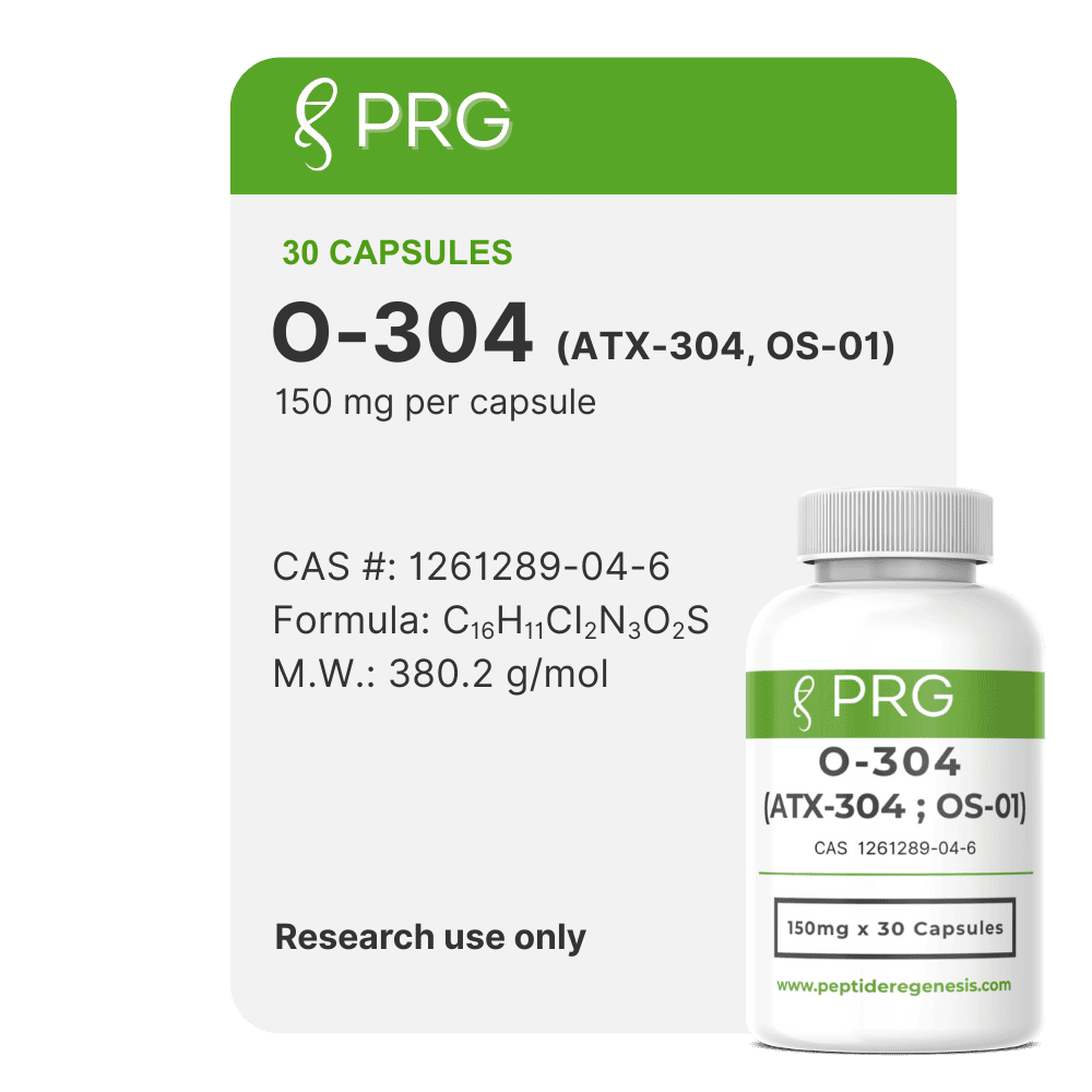 PRG O-304 capsule packaging with a green label on a white background